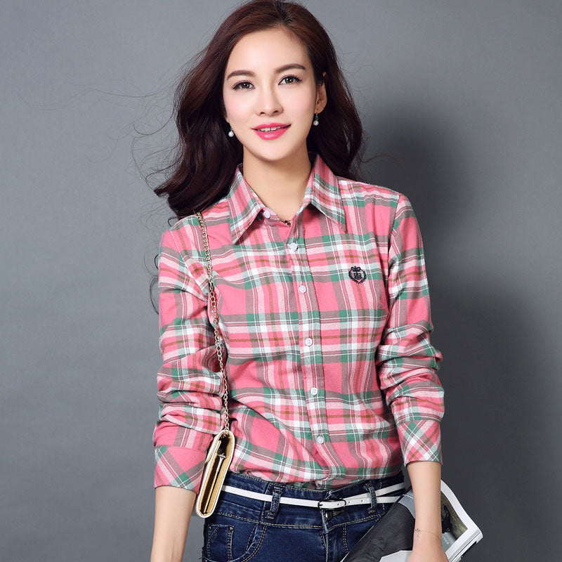 S-4XL Women Cotton Shirt Spring Autumn Winter 2022 New Casual Long-sleeve Brushed Plaid Stripe Shirts Girl's Tops Blouse Female