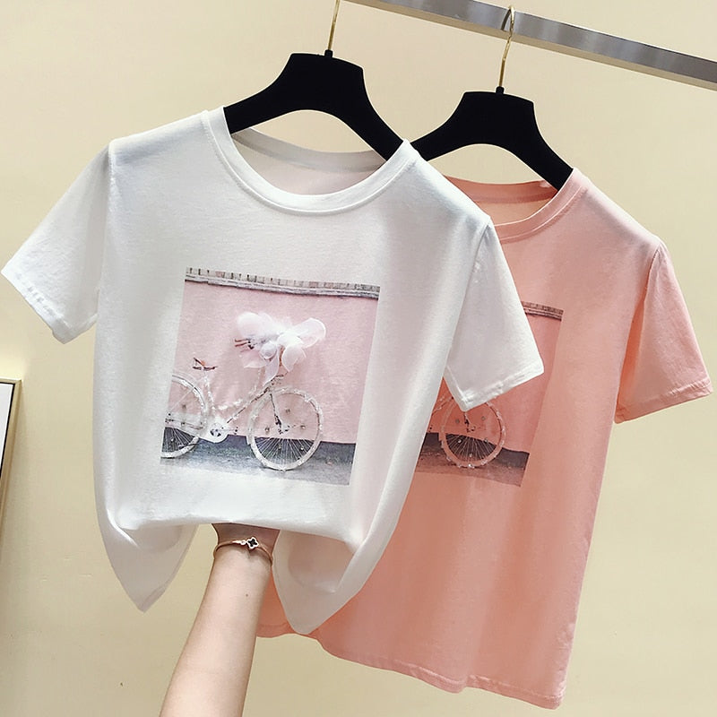 gkfnmt 2021 Fashion Cool Print Female Summer T-shirt White Cotton Women Tshirts Casual Harajuku T Shirt Femme Pink Loose Top