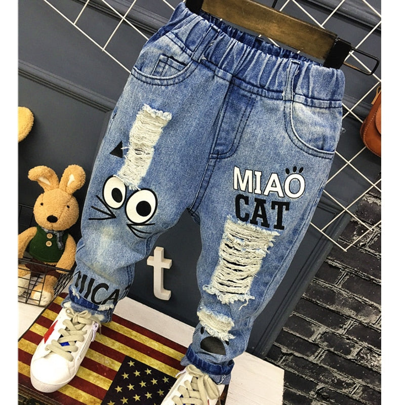 New Girls Jeans Spring Autumn Children Trousers 1-7Yrs Baby Boys Girls Jeans Boys Casual Hole Pants Cartoon Cat Jeans Kids Pants