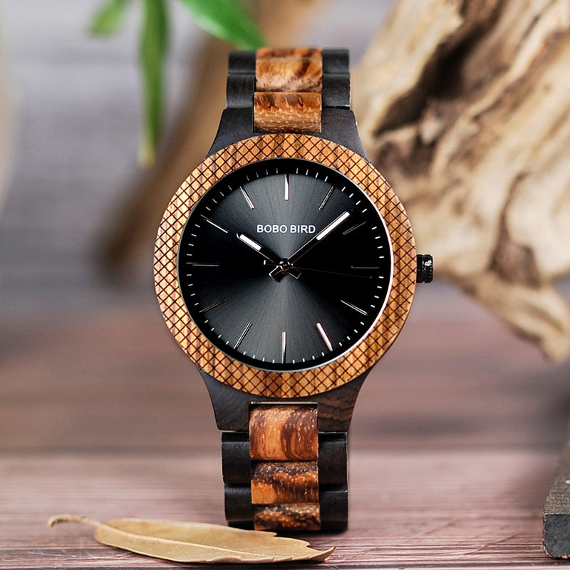 BOBO BIRD D30-1 Zweifarbige Uhren aus Zebra-Holz und Ebenholz mit leuchtenden Zeigern, Quarz-Armbanduhr für Herren in Geschenkbox aus Holz