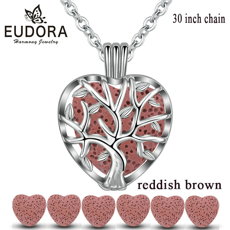 Eudora 20mm Lava Necklace Pendant Heart Volcanic Stone Tree of life Cage Pendant Necklace For DIY Essential Oil Perfume KFC10N20