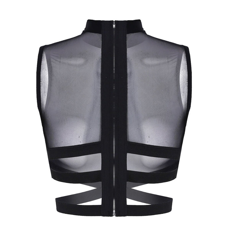 Ladies Womens Tanks Sheer Mesh See-through Transparent Zipper Back Elastic Strappy Criss Cross Crop Top Women&