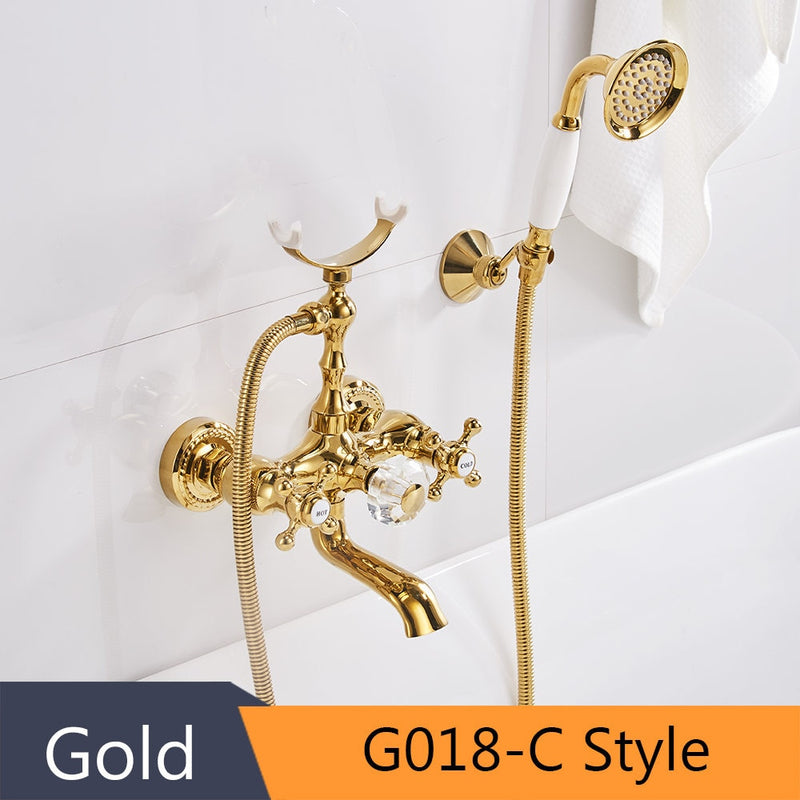 Bathtub Faucets Luxury Gold Brass Bathroom Faucet Mixer Tap Wall Mounted Hand Held Shower Head Kit Shower Faucet Sets HS-G018