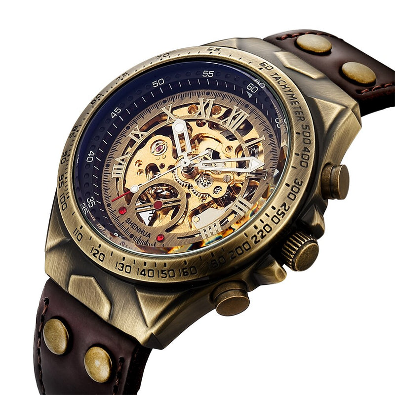 SHENHUA Motorcycle New Design Transparent Genuine Bronze Belt Waterproof Skeleton Men Automatic Watches Top Brand Luxury Clock