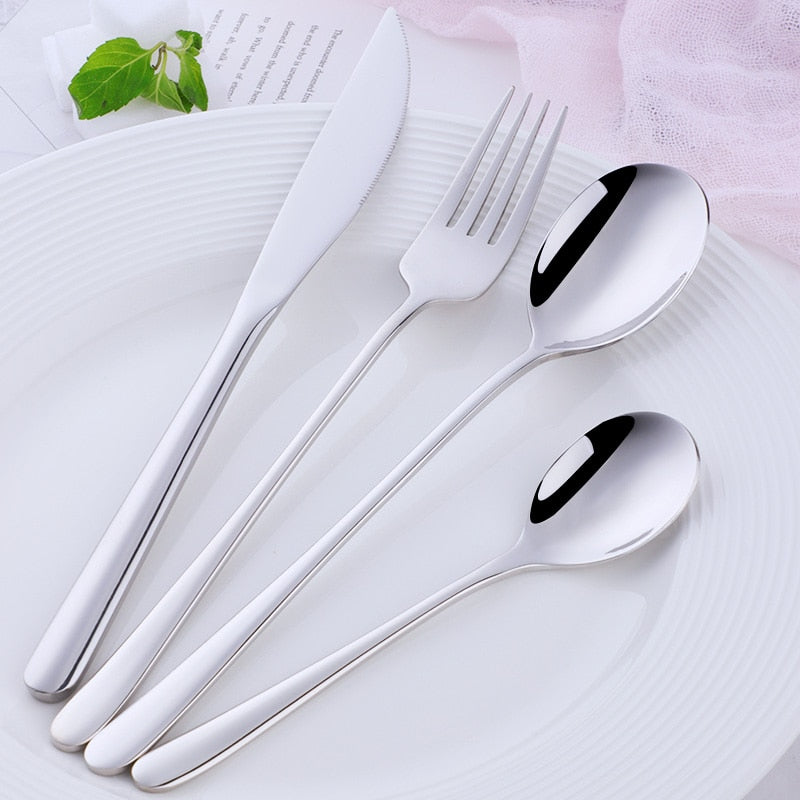 Hot Sale 4 Pcs/Set Tableware Set Stainless Steel Cutlery Long Handle Knife Spoon Fork Sald Spoon Korean Style 8 Colors Flareware