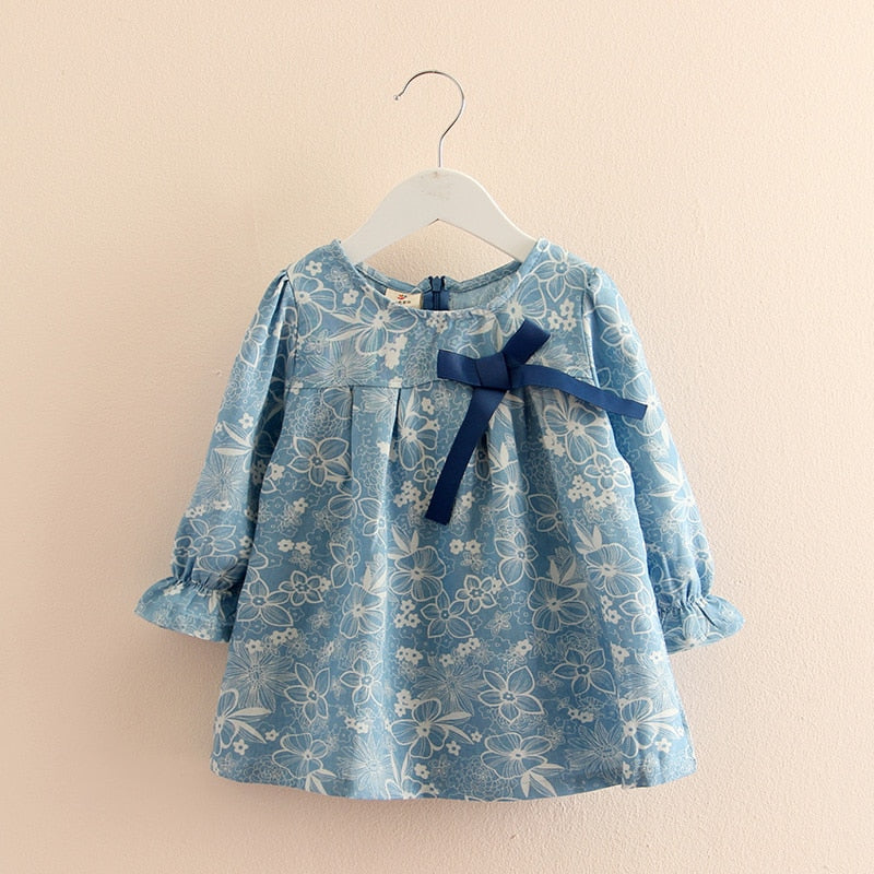 2021 primavera otoño 2-10T años regalo de cumpleaños para niños cuello redondo manga larga estampado de flores Denim azul lazo camisa linda para niñas