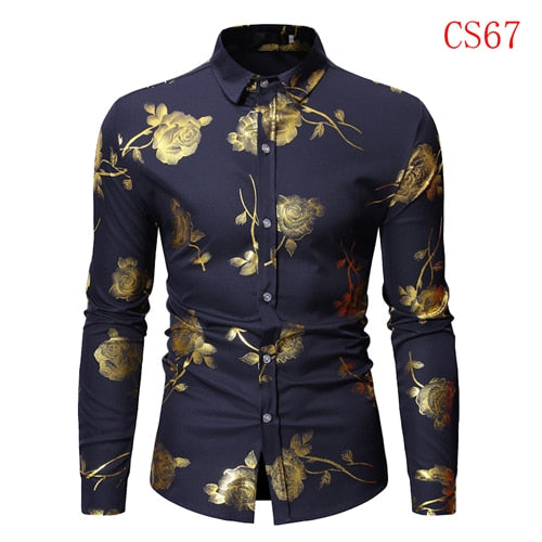 Camisas con estampado floral de rosas doradas para hombre Marca Floral Steampunk Chemise Blanco Manga larga Fiesta de bodas Bronceado Camisa Masculina