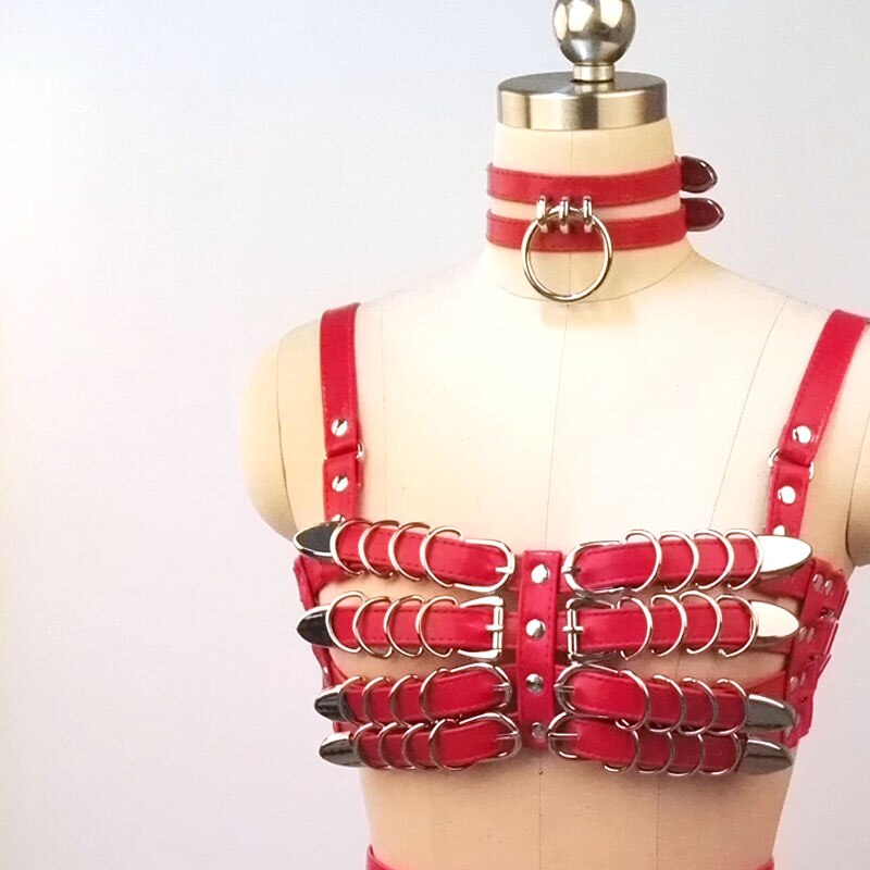 100% Handcrafted Heavy Duty 4 Row Caged Bra PU Leather Women Harness Bondage Chest Lingerie Bra Belt Skirt Harness Waist Belt