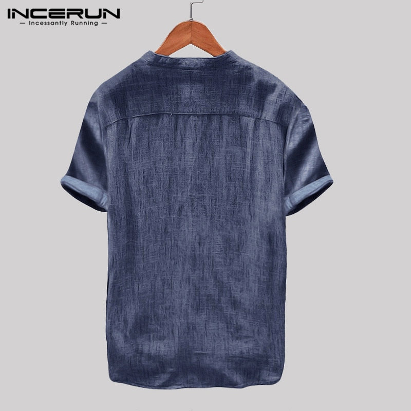INCERUN 2022 Breathable Mens Shirt Button Up Loose Short Sleeve Solid Color Pullovers Harajuku Vintage Casual Shirt Men Camisa