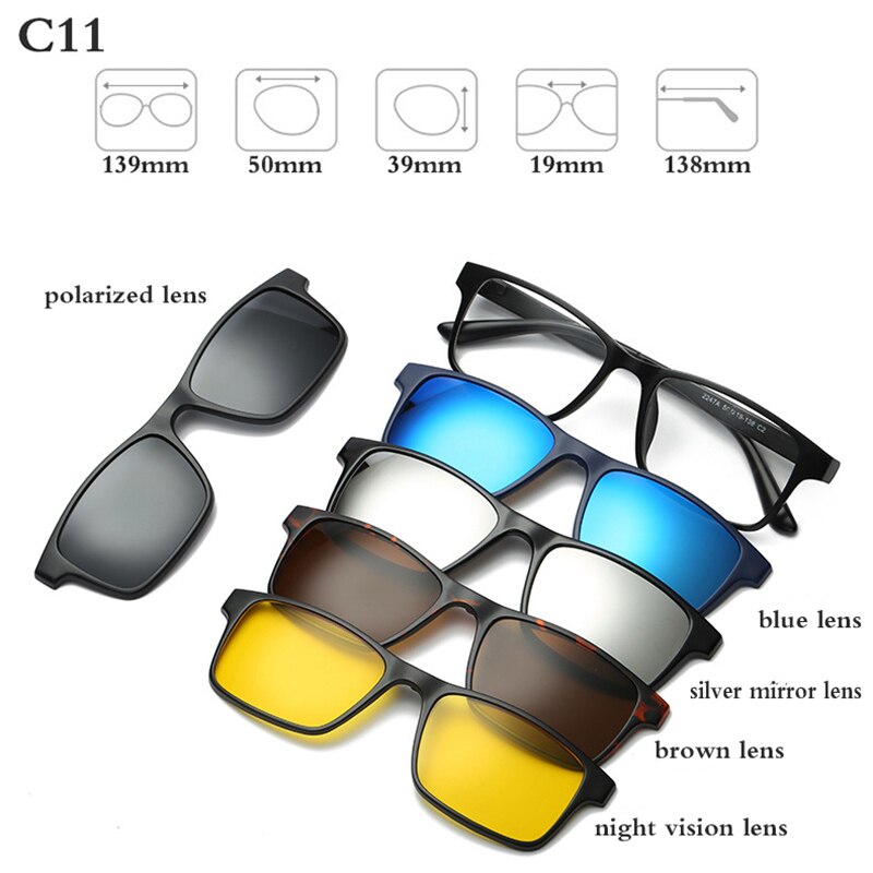 Montura de gafas ópticas de moda para hombres y mujeres con 5 Clip en gafas de sol magnéticas polarizadas para gafas de miopía masculina RS159