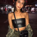 Lässiges PU-Leder Soild Camisole Femme Slash Neck Damen Streetwear Crop Top Chic Ring Straps Bodycon Schwarz Skinny Camis Sommer