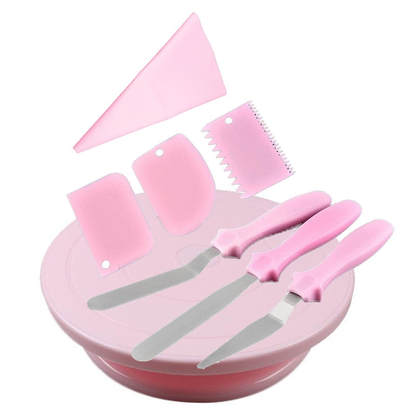 Pink Cake Decorating Turntable With Icing Smoother Pastry Spatula Cream Bag Baking Accessories Set