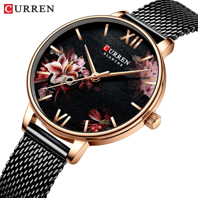 Women Watches CURREN Black Clock Stainless Steel Mesh Quartz Wristwatch Female Casual Charm Watch for Ladies relogios feminino