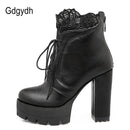 Gdgydh 2022 Herbst Frauen Schnürung Plateaustiefel High Heels Weibliche Schwarze Plateauschuhe Frühling Kurze Stiefel Damen Schuhe für Party