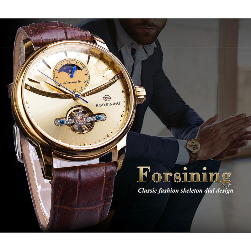 Forsining Mondphase Automatikuhr Royal Herren Golden Wasserdicht Mechanische Armbanduhr Casual Echtleder Tourbillon Uhr