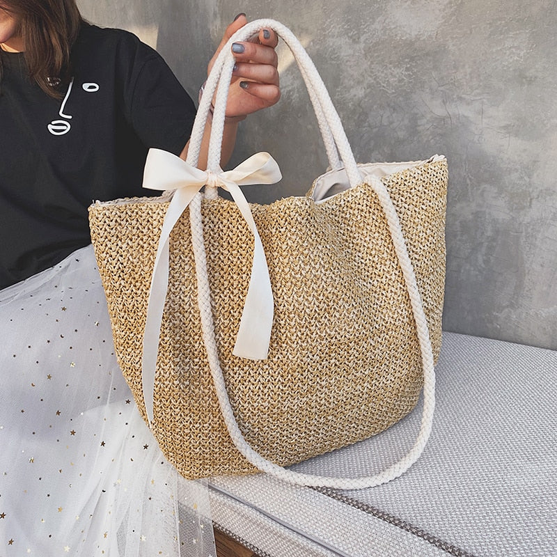 Fashion Rattan Woven Women Handbag Summer Beach Bag Large Capacity Tote Bag Handmade Knitted Straw Crossbody Bags for Women