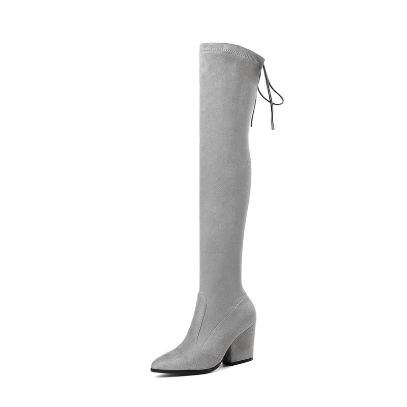 QUTAA 2021 Women Shoes Over The Knee High Boots Pointed Toe Autumn Winter Shoes Women Hoof Heels Flock Women Boots Size 34-43