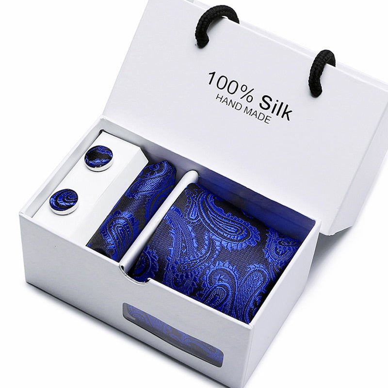 Gift box Packing  Brand Luxury Necktie Pocket Square Wedding Mens Neck TIes Silk Tie Set  Cufflinks Handkerchief