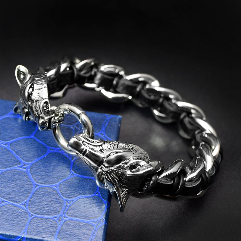 Pulsera de cabeza de lobo doble para hombre, joyería Punk Rock, pulsera de acero inoxidable 316L, cadena cubana de cuero, regalo genial, novedad de 2018