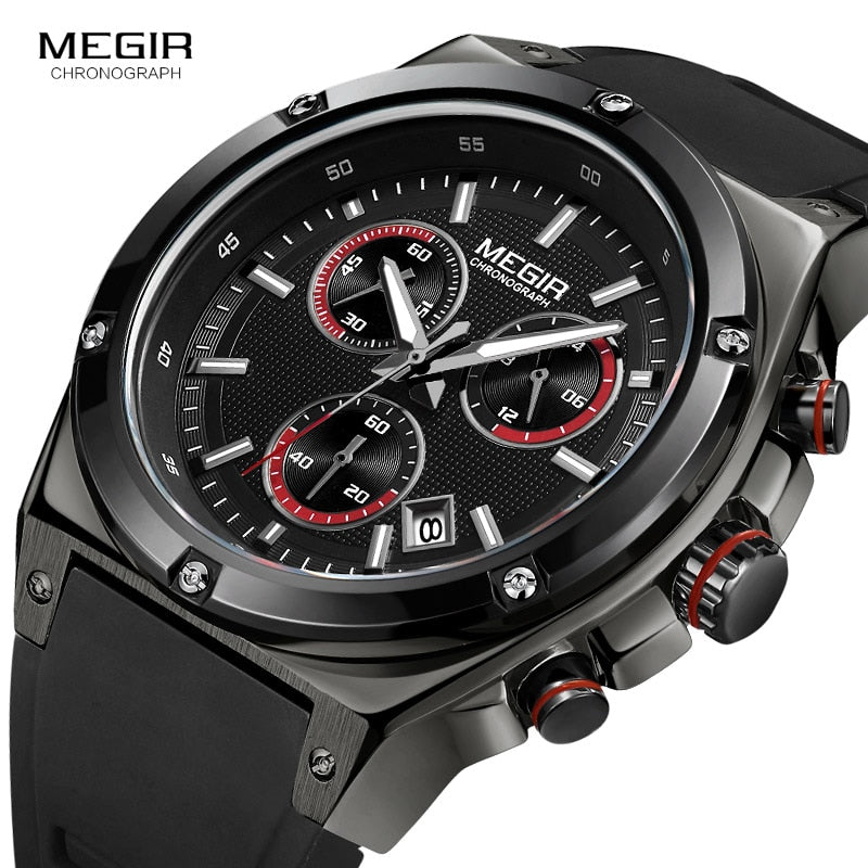 Megir Männer Schwarz Silikon Sport Quarz Armbanduhren Leuchtende Uhren Uhren Wasserdichte Chronograph Uhr Montres Q2073G-BK-1