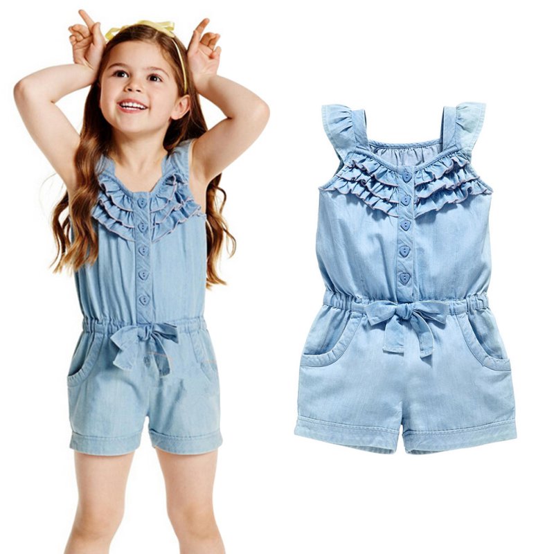 Kids Girls Clothing Rompers Denim Blue Cotton Washed Jeans Sleeveless Bow Jumpsuits 0-5Year New