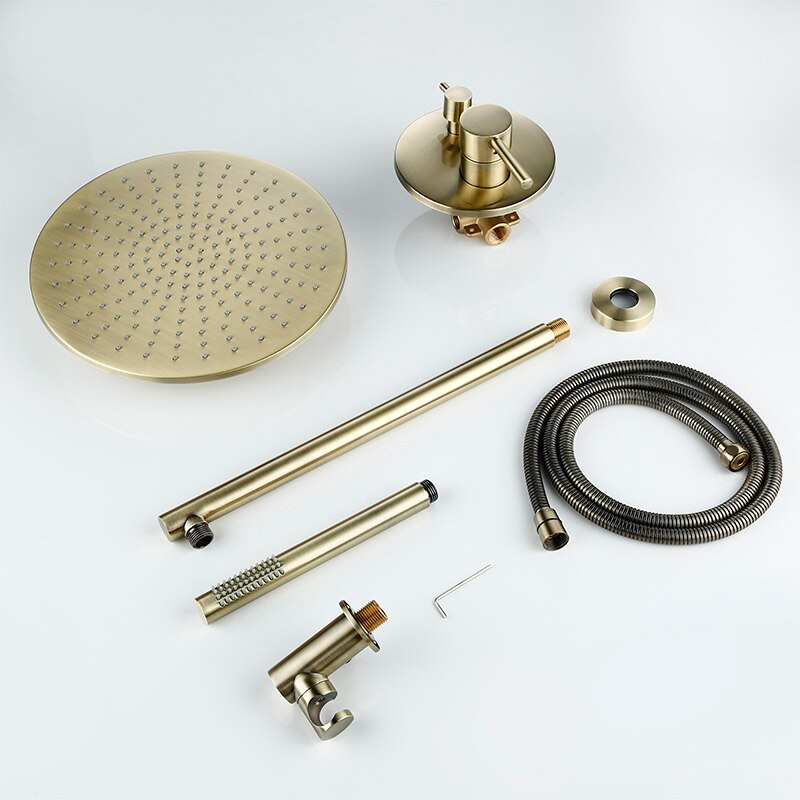8/10/12 inch Solid Brass Shower Set Bathroom Round Head Faucet Luxury Gold HandShower Diverter Mixer Golden Handheld Spray Set