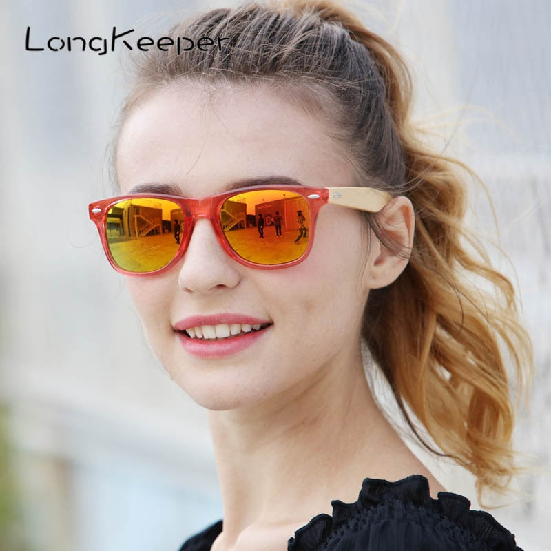 Gafas de sol de bambú de madera polarizada LongKeeper para mujer, diseño de marca para hombre, gafas de sol con brazos de madera reales, lentes de espejo, Gafas de sol