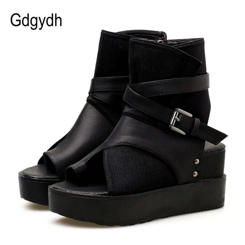 Gdgydh negro mujer botines primavera otoño Peep Toe botas de tacón plano para mujer hebilla plataforma cuñas zapatos verano cómodo