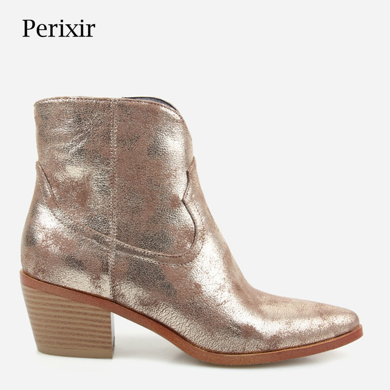 Perixir, nueva moda, botas de tacón alto Retro para mujer, botas de tacón cuadrado con cremallera, puntiagudas concisas, botas para mujer, zapatos dorados para invierno 2020