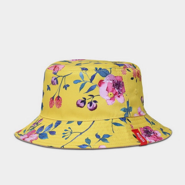 NUZADA Print Bucket Hat Sommerhüte für Frauen Fischerhut Baumwolle faltbar weibliche Sonnenschutzkappen doppelseitig kann getragen werden