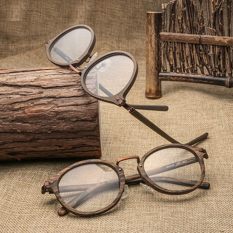 HDCRAFTER Korrektionsbrillengestelle für Männer und Frauen Retro-rundes optisches Brillengestell mit Holzmaserung und klarer Linse