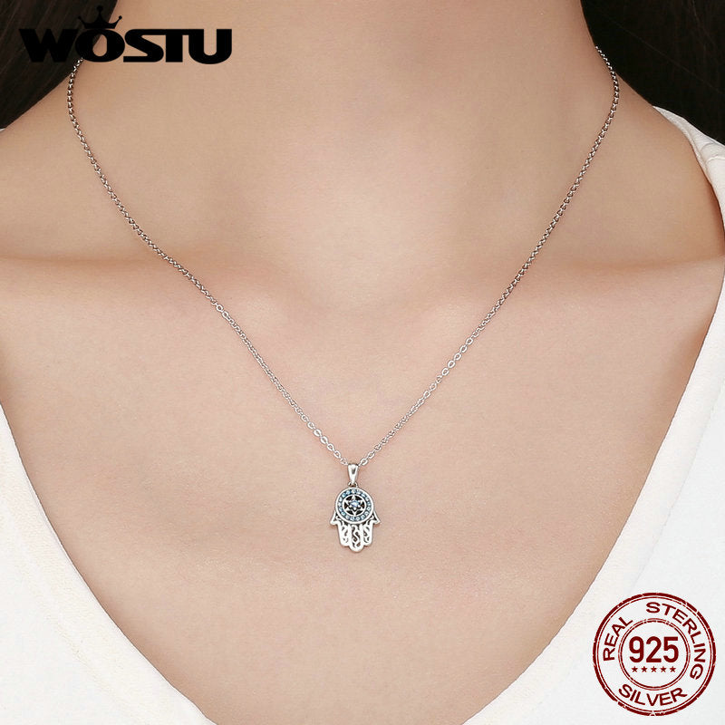 WOSTU Real 925 Sterling Silber Hand von Fatima Hamsa Anhänger Choker Halskette für Frauen Mode Bijoux Schmuck Geschenk CQN264