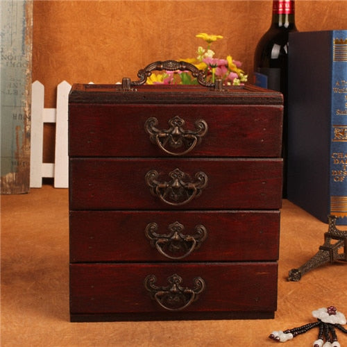 Large wooden jewelry box Vintage pattern Cosmetic case with lock  Desktop  dressing storage box with mirror