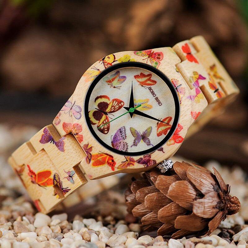 BOBO BIRD Ladies Wood Watch Women montre femme Bamboo Band Painting Butterfly Quartz Watches in Wooden Gift Box OEM W-O20