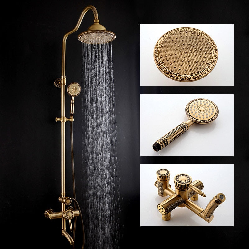 Shower Faucets Antique Bathroom Shower Set Bath Rain Shower Wall Mounted Hand Held Brass Shower Head Chuveiro Do Banheiro  9712