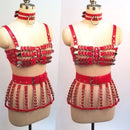 100% handgefertigter, strapazierfähiger, 4-reihiger Käfig-BH aus PU-Leder für Damen, Bondage, Brust, Dessous, BH, Gürtel, Rock, Hüftgurt