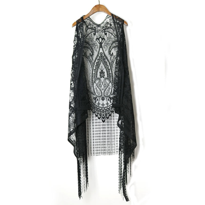 Crochet Lace Harajuku  Holiday Blouses Lace Crochet Boho Tops Women Sleeveless Tassles Hollow Out  Blouse Beach Kimono Cardigan