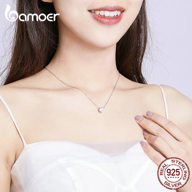 Bamoer, collar corto minimalista Simple para mujer, cadena de circonita cúbica transparente de Plata de Ley 925, collares, joyería de boda BSN085