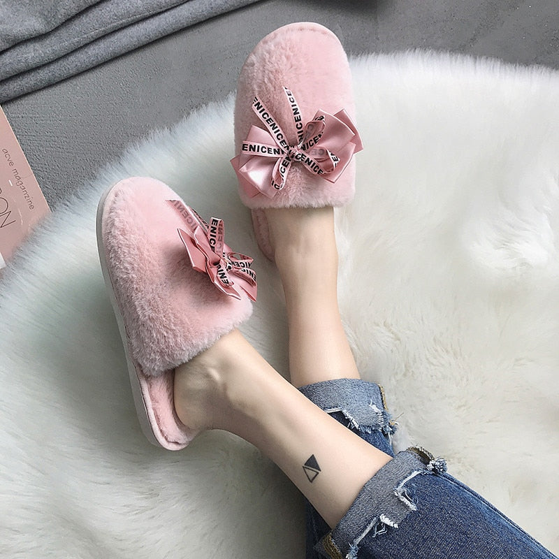 COOTELILI Women Home Slippers Winter Warm Shoes Woman Slip on Flats Slides Female Faux Fur Slippers Women Shoes Closed Toe