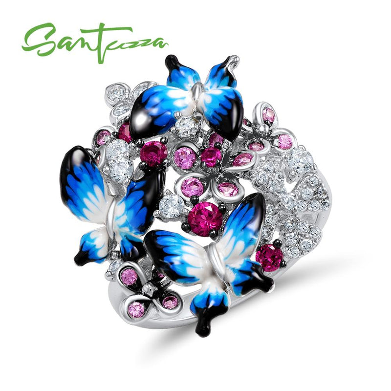 SANTUZZA Silver Ring For Women 925 Sterling Silver Glamorous Butterflies Shiny Cubic Zirconia Ring Fashion Jewelry Enamel