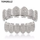 TOPGRILLZ Hip Hop GRILLZ Iced Out AAA Zircon Fang Mouth Teeth Grillz Caps Top &amp; Bottom Grill Set Men Women Vampire Grills