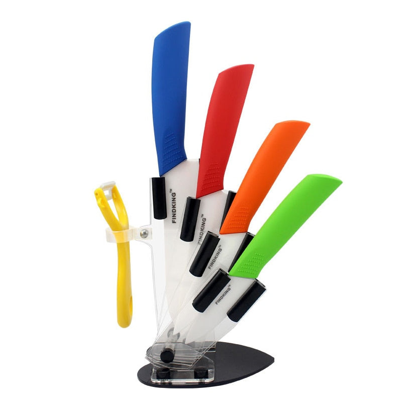 Cuchillo de cocina de calidad FINDKING, juego de cuchillos de cerámica, pelador de 3 "4" 5 "6 pulgadas con soporte acrílico, cuchillos de hoja negra, herramientas de cocina