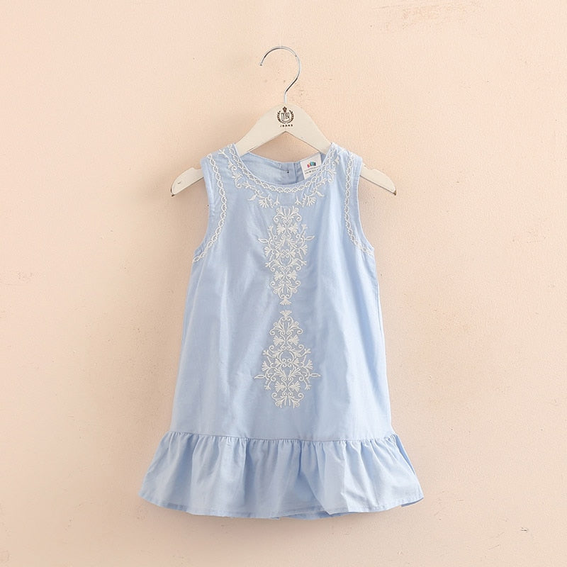 2023 Hot Summer 2-10 Years Old Brief Kids Lace Embroidery Flower Floral Sleeveless Flounce Vest Tank Sundress Girls Dress Cotton