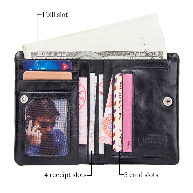 CONTACT&#39;S Genuine Leather Oil Wax Men&#39;s Wallet Black Short Wallets for Men Portomonee Male Card Holder Carteira Masculina Walet