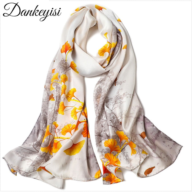 DANKEYISI 100% Natural Silk Scarf Women Silk Wraps Shawls and Scarves Hijabs Female Printed Beach Cover up Ladies Bandana 2019