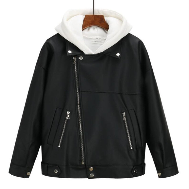 2021 New Arrival Women Autumn Winter Leather Jacket Oversized Boyfriend Korean Style Female Faux Coat Outwear Black Bike Jacket