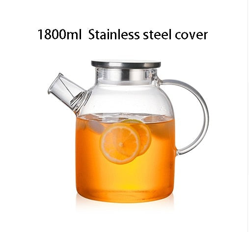1000ml/1800ml Glass Kettle Water Jug Heat Resistant Flower Teapots with Bamboo Lid Stainless Steel Cover Clear Juice Container