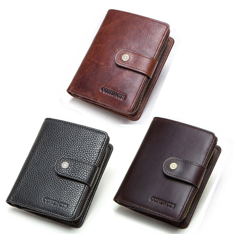 CONTACT'S Genuine Leather RFID Vintage Wallet Men With Coin Pocket Short Wallets Small Zipper Walet With Card Holders Man Purse