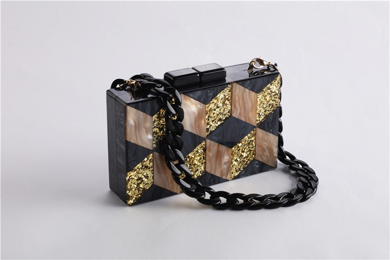 New Female Black Pearlescent Acrylic Evening Bags Vintage Women Messenger Bags Gold Sequins Clutches Patchwork Party Handbags