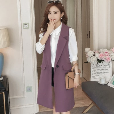 2022 New Spring Elegant Purple Women's Vest Office Lady Korean Long Sleeveless Jacket Fashion Slim Black Female Coat Veste Femme